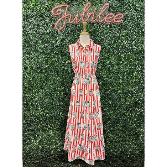 Lottie Red Stamp Striped Midi Dress