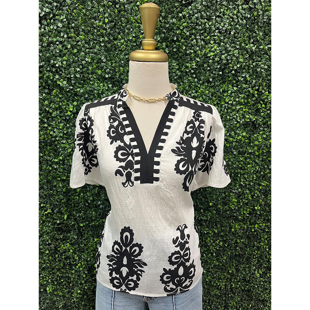 Wisconsin Black And White Paisley Top