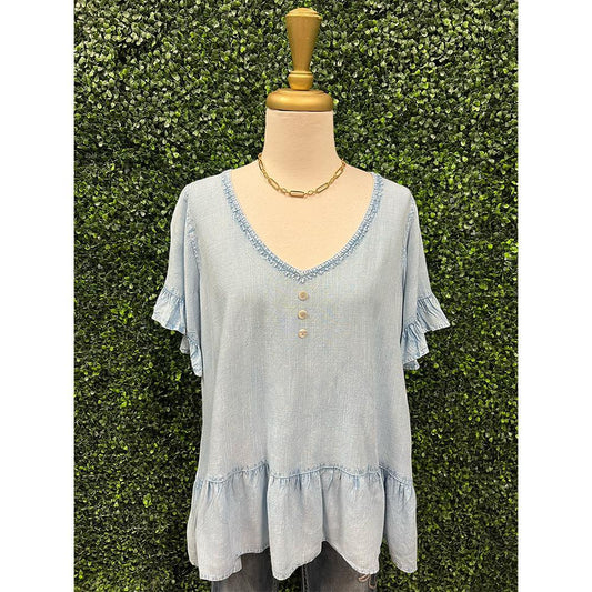 Light Denim Rayon Ruffle Top