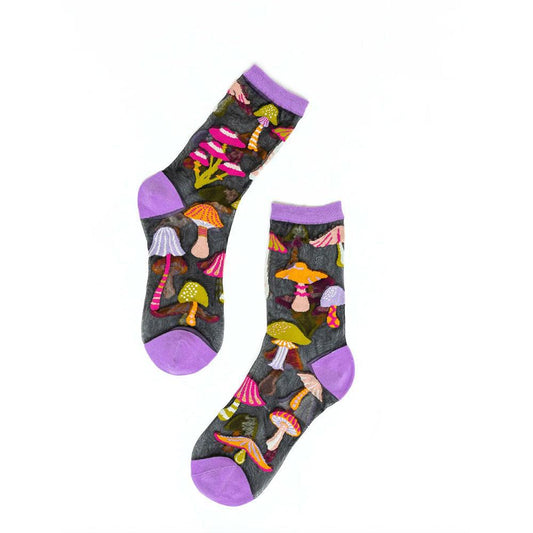 Magic Mushrooms Black Sheer Crew Sock