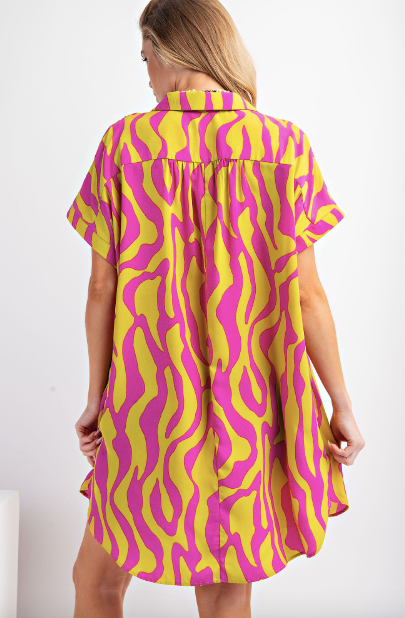 Cyber Lime Abstract Print Shirt Dress