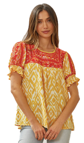 Marigold Aztec Print Embroidered Blouse