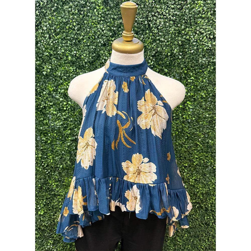 Liz Navy Floral Ruffle Hem Top