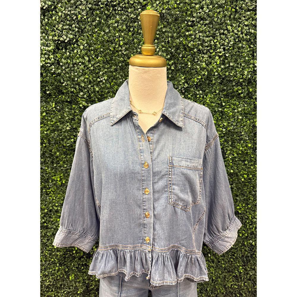 Stevie Ruffled Button Down Denim Top