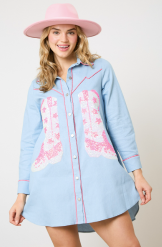 Baby Blue Sequin Cowboy Boots Button Down