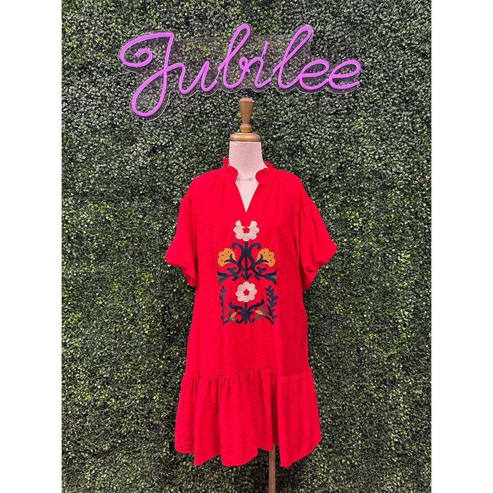 Katie Tomato Embroidered Babydoll Dress