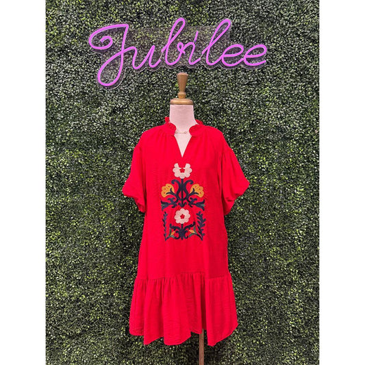 Katie Tomato Embroidered Babydoll Dress