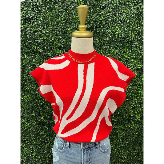 Red Stella Swirl Mock Neck Top