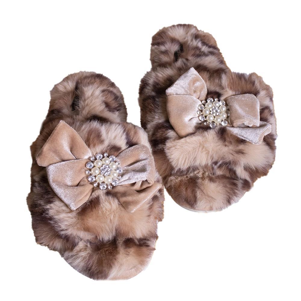 Anya Leopard Faux Mink Jeweled Bow Slipper