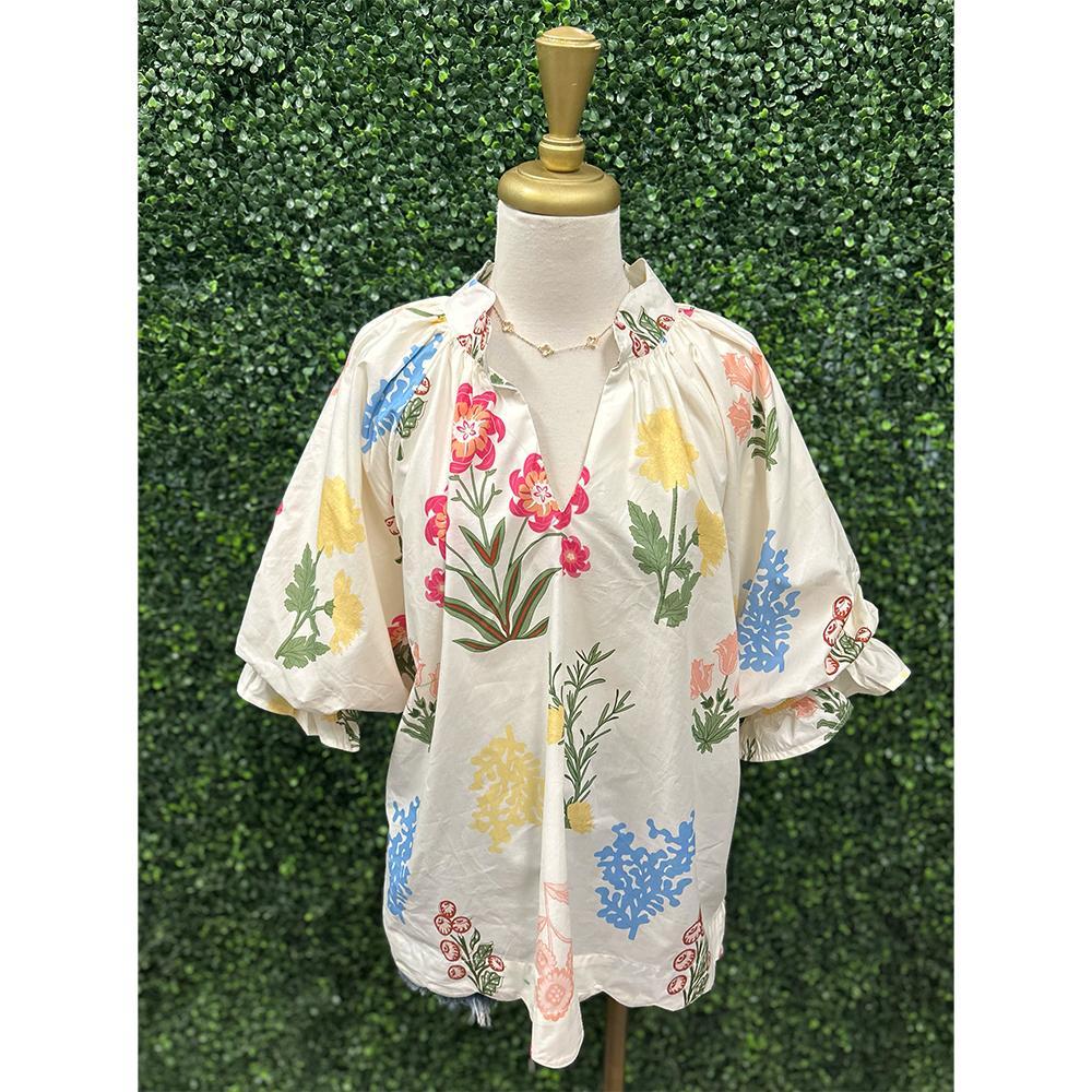 Jenna Cream Floral Scalloped Hem Top