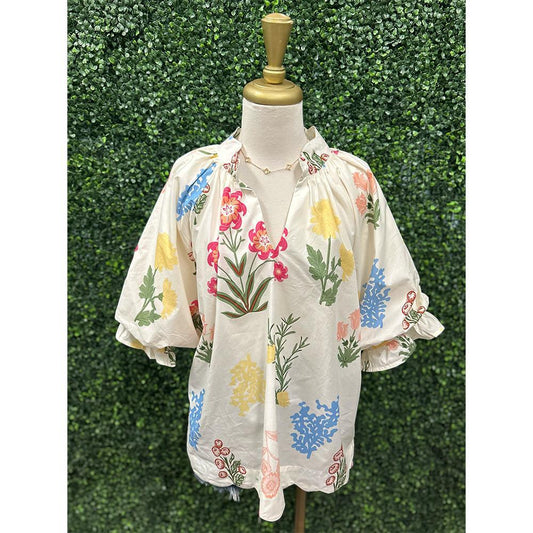 Jenna Cream Floral Scalloped Hem Top