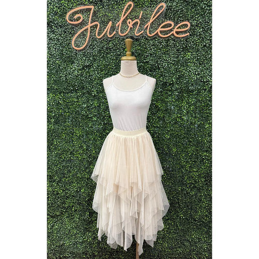 Kassandra Beige Tulle Tiered Midi Skirt