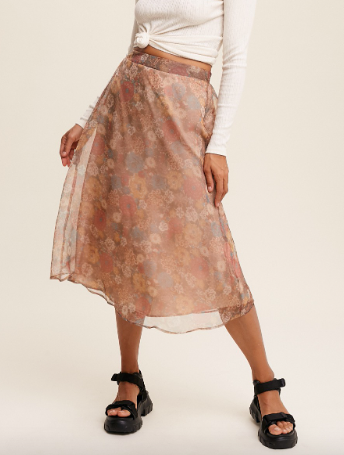 Light Brown Floral Printed Organza Midi Skirt