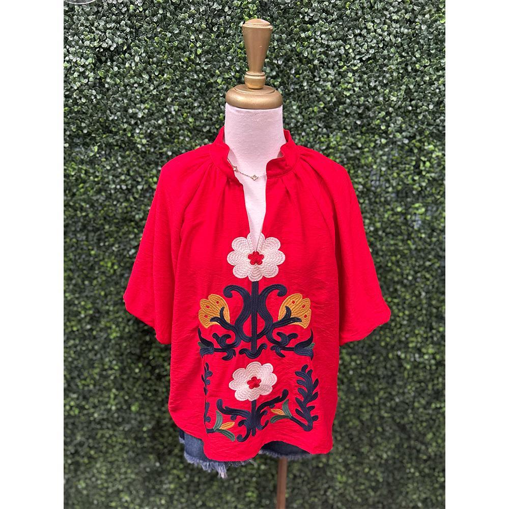 Rita Red Embroidered Boho Top