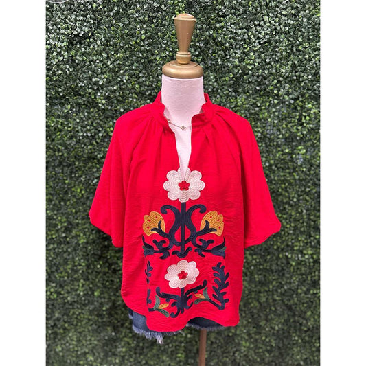 Rita Red Embroidered Boho Top