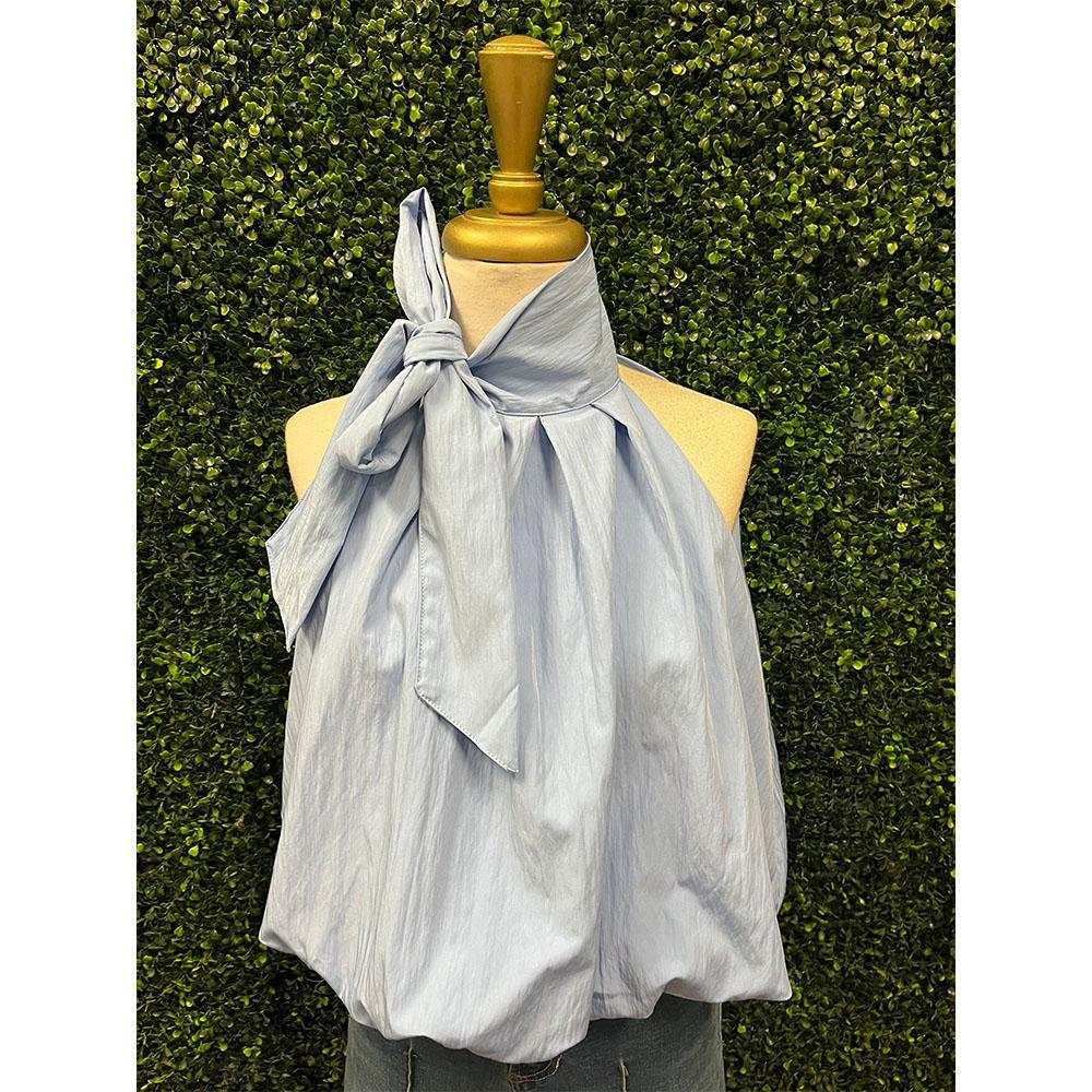 Hillary Baby Blue High Neck Tie Wrap Top