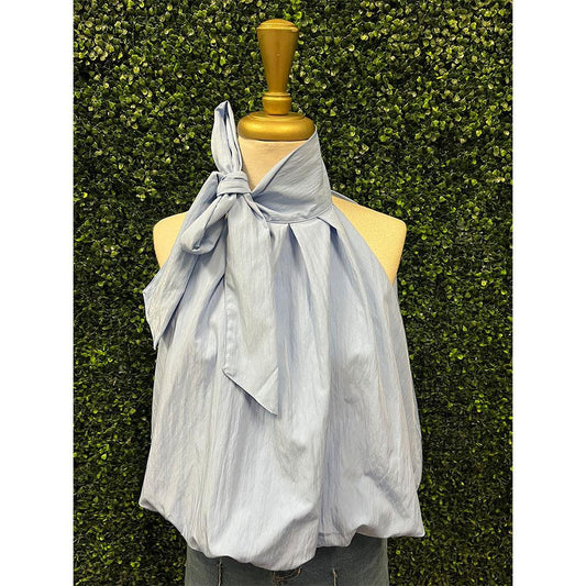 Hillary Baby Blue High Neck Tie Wrap Top