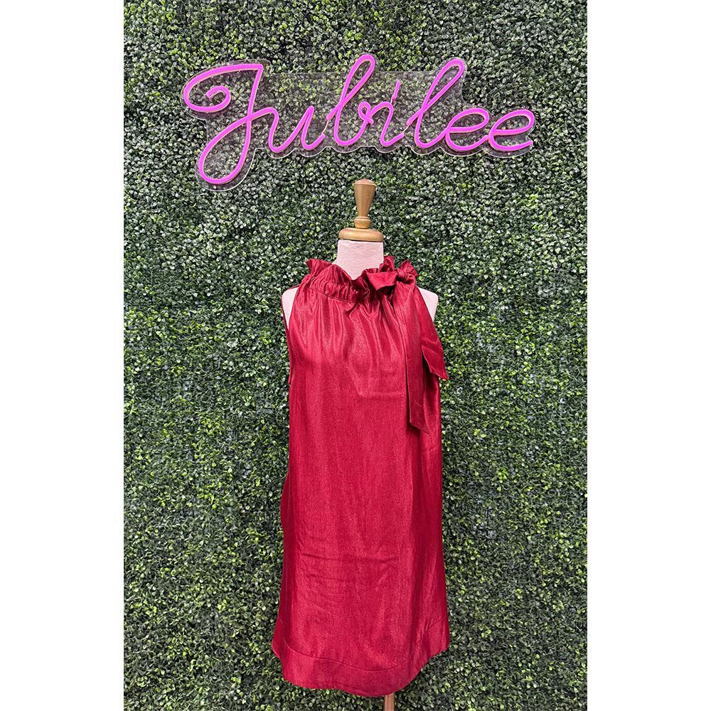 Calypso Burgundy Glossy Tie Neck Mini Dress