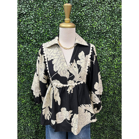 Black Floral Print 3/4 Sleeve Collared  V-Neck Top