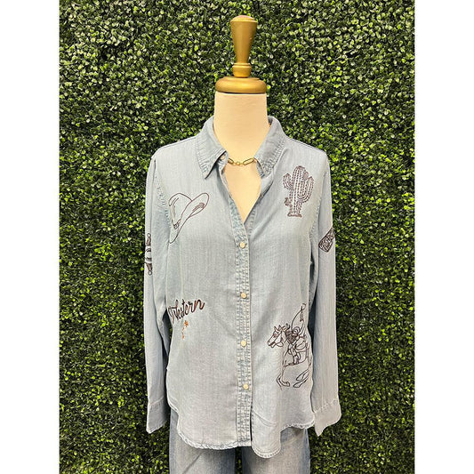 Perla Embroidered Denim Button Up