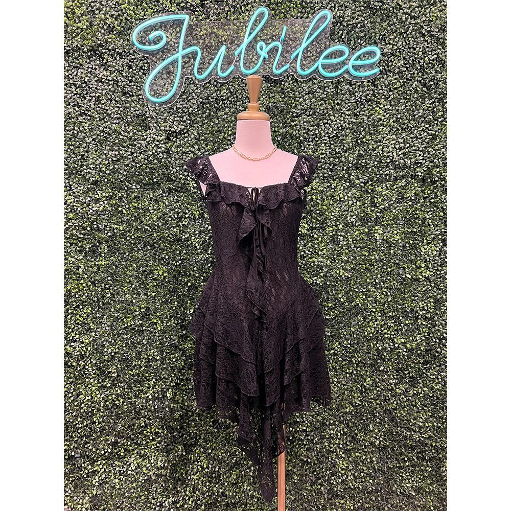 Mae Black Square Neck Lace Ruffle Dress
