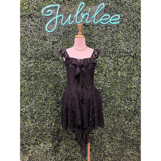 Mae Black Square Neck Lace Ruffle Dress