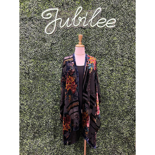 Black Multi Floral Velvet Burnout Kimono