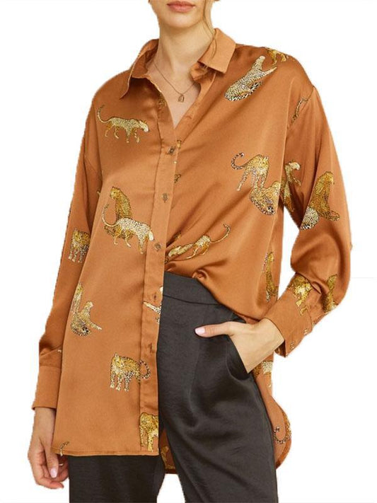 Camel Cheetah Button Up Blouse
