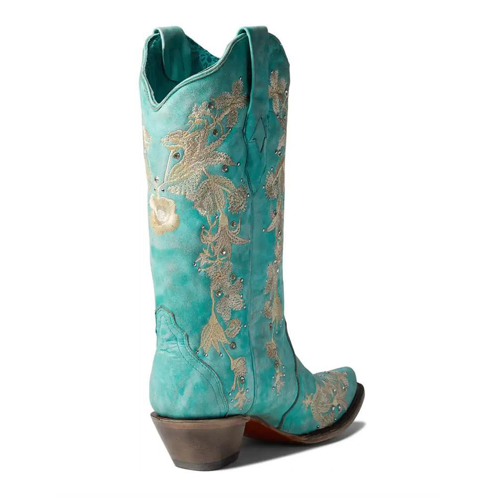 Turquoise Floral Embroidered Cowboy Boots with Crystals A4239