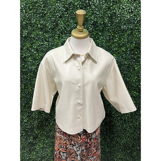 Gabi White Pleather Button Down Top