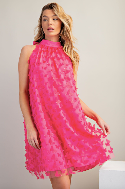 Barbie Pink Sleeveless Butterfly Applique Mesh Halter Dress