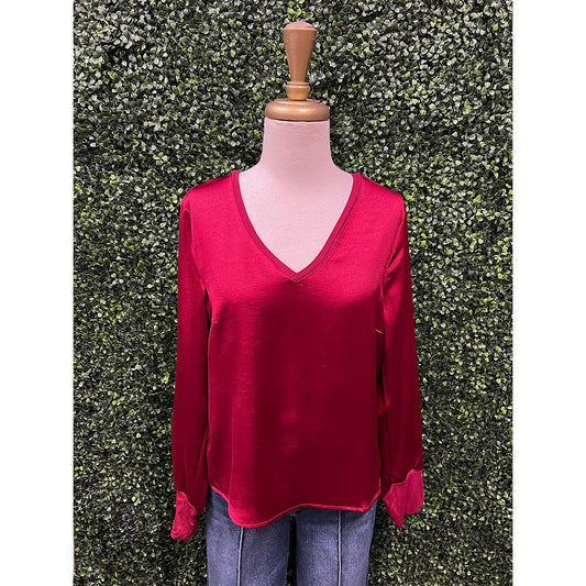 Cranberry Satin V-Neck Long Sleeve Top