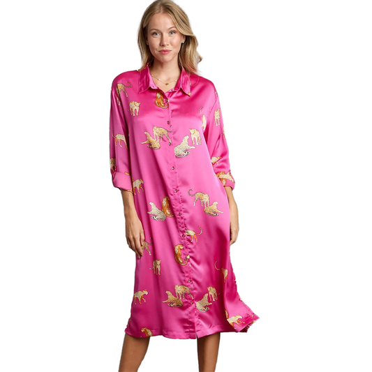 Magenta Cheetah Button-Up Midi Dress