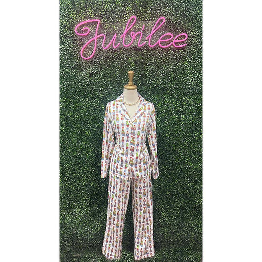 Festive Nutcracker Silky Satin Pajama Long Sleeve Set