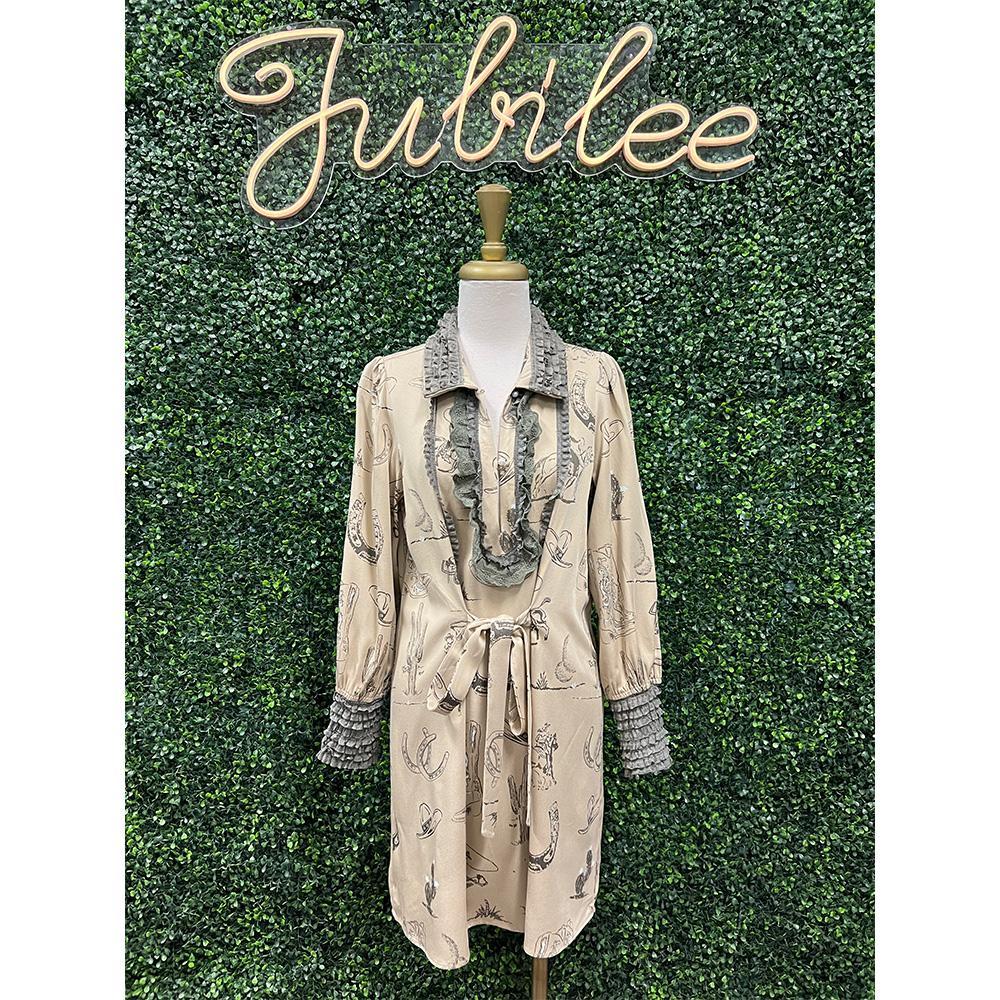 Western Graphic Ruffle Tie Waist Mini Dress