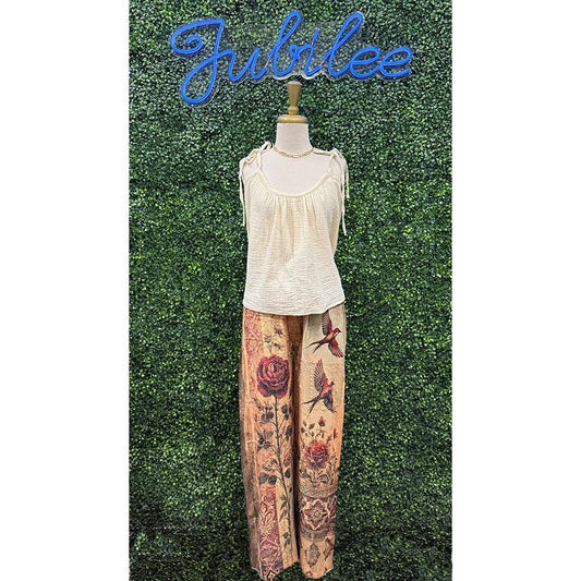 Veronica Patchwork Lace Bird Drawstring Pants