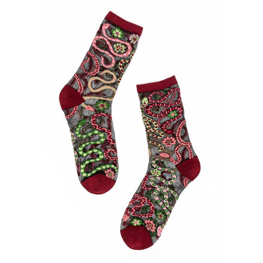 Serpentine Floral Black Sheer Crew Socks