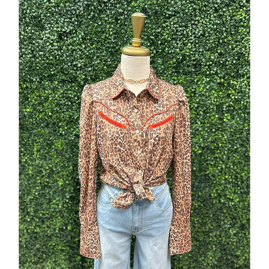 Leopard/Red LS Pearl Snap Top
