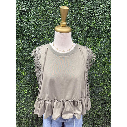 Jenna Olive Side Lace Trim Ruffle Hem Top