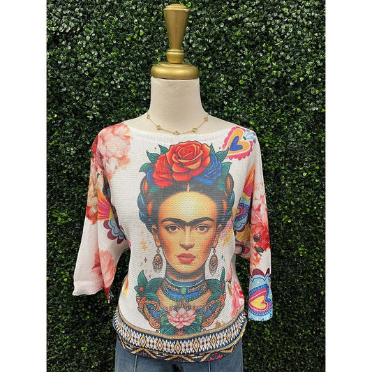 White Frida Kahlo Knit Sweater