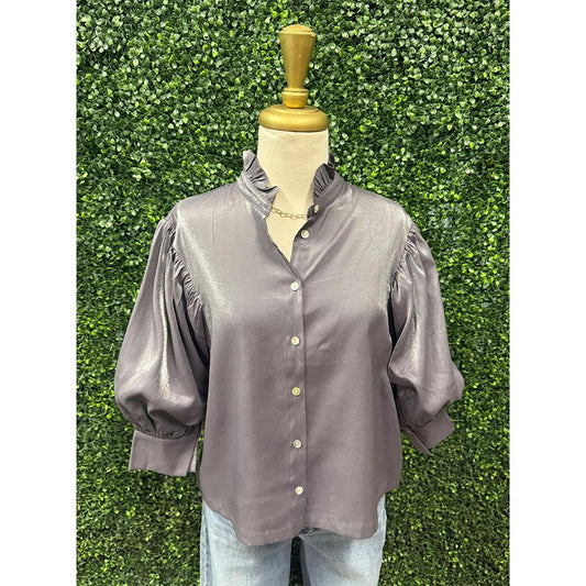 Larisa Gunmetal Metallic Puff Sleeve Top