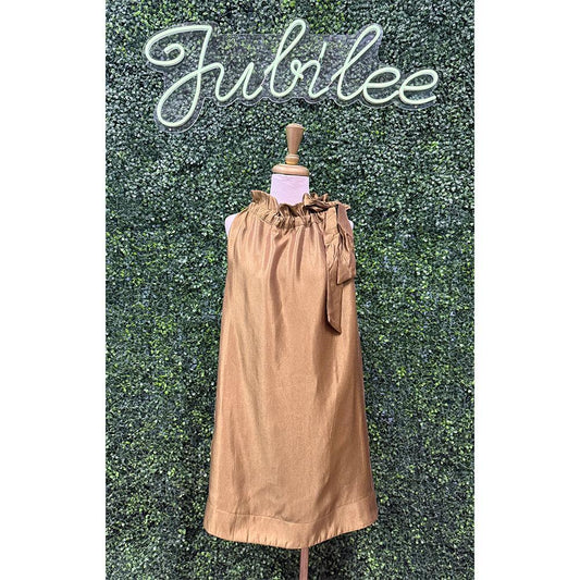 Calypso Olive Glossy Tie Neck Mini Dress