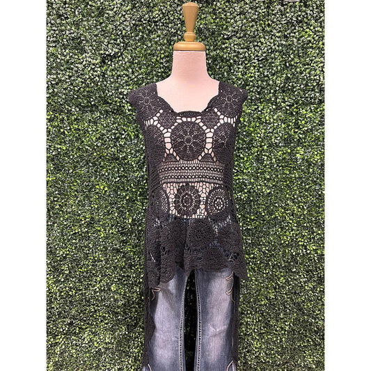 Black Taryn Crochet Hi-Lo Top