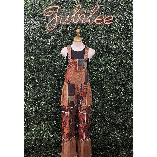 Hazel Patchwork Floral Ruffled Hem Overalls