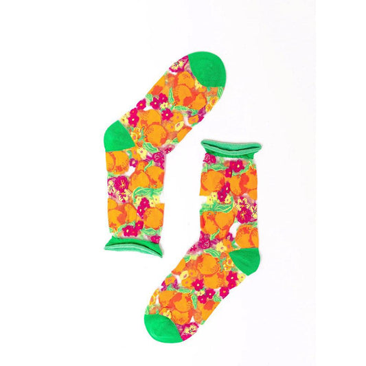 Orange Floral Sheer Crew Sock