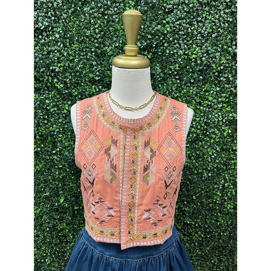 Coral Embroidered Crop Vest