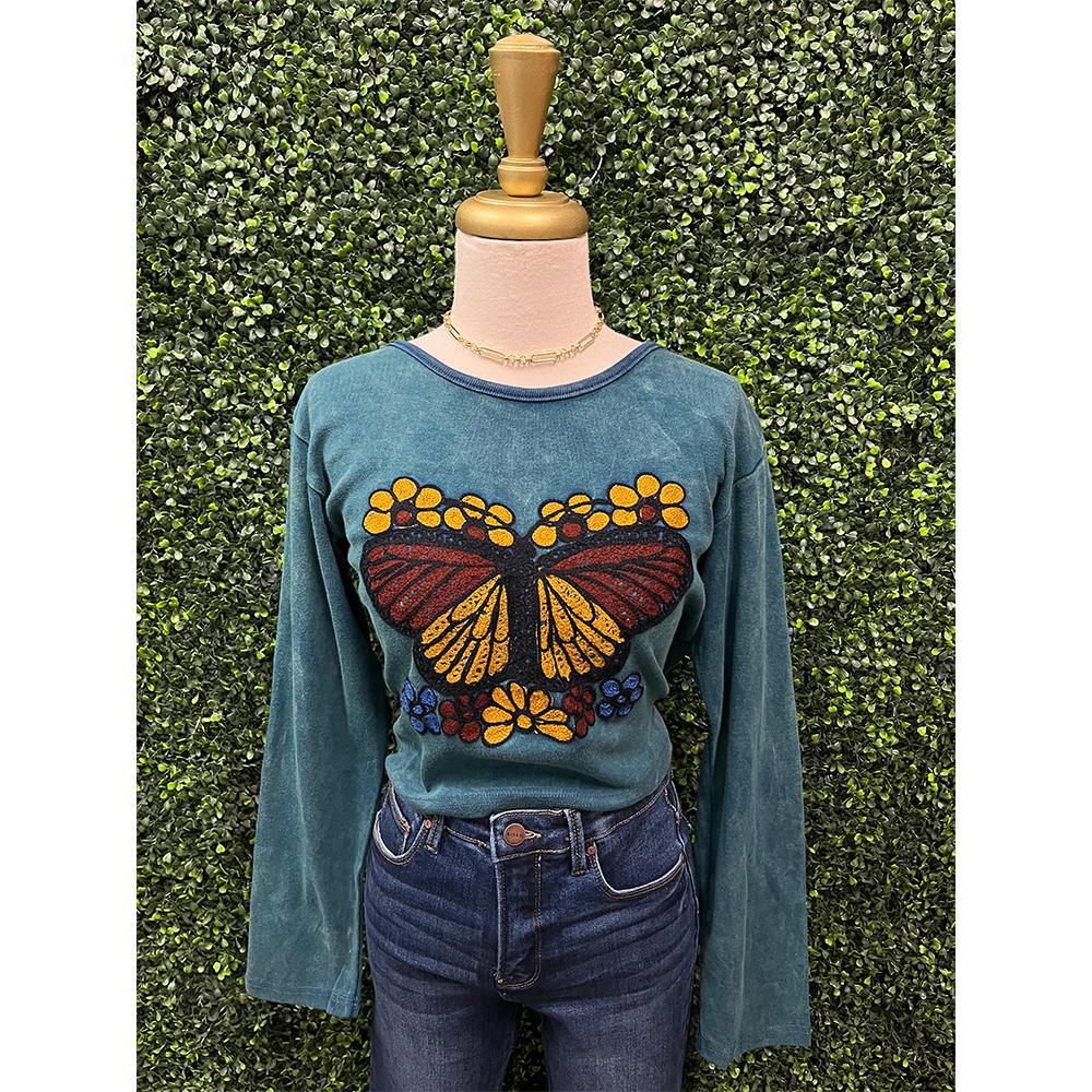 Blue Floral Butterfly Print Long Sleeve Top