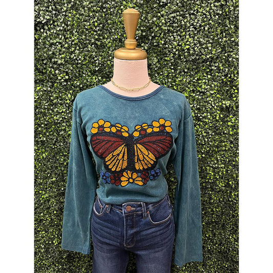 Blue Floral Butterfly Print Long Sleeve Top