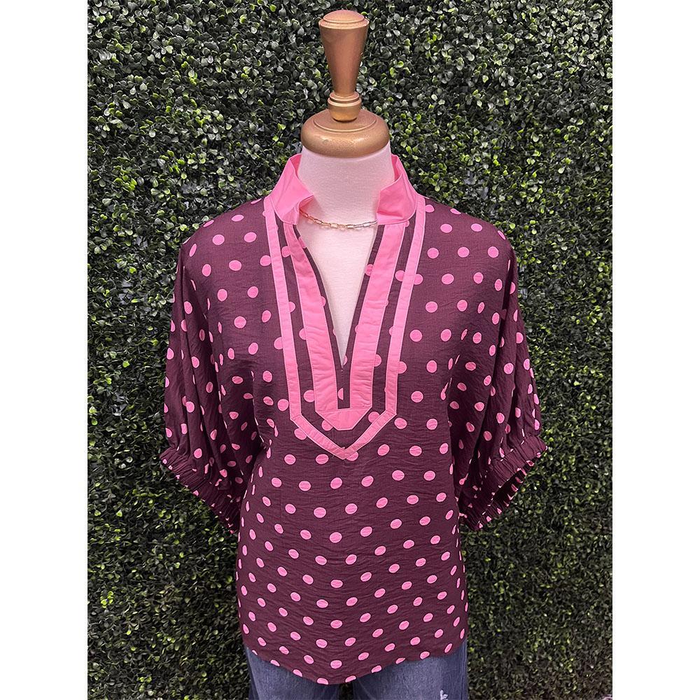 Lizzie Wine Polka Dot Dolman Sleeve Top