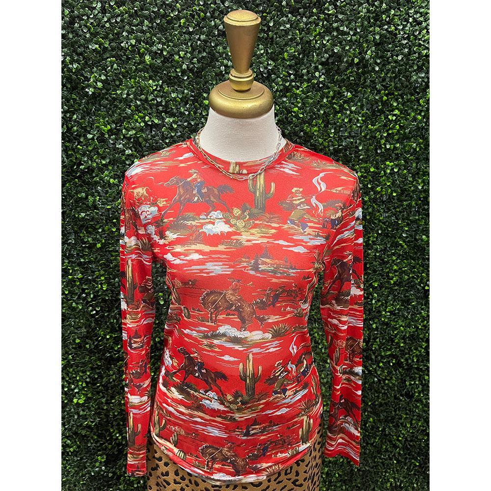 Red Cowboy Ropin Scene Mesh Top